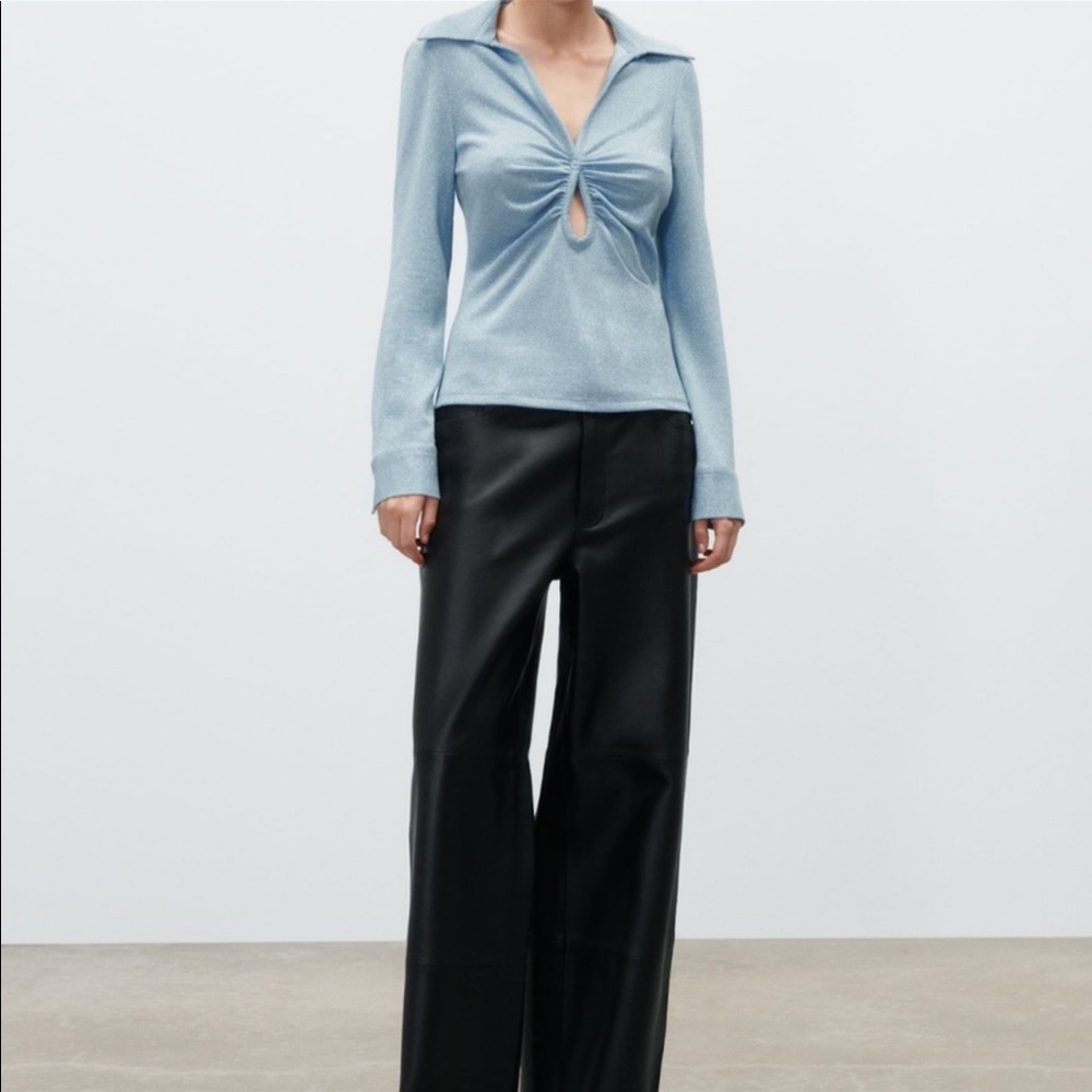 NWT Zara Light Blue Open Detail Ruched Top - Picture 2 of 14
